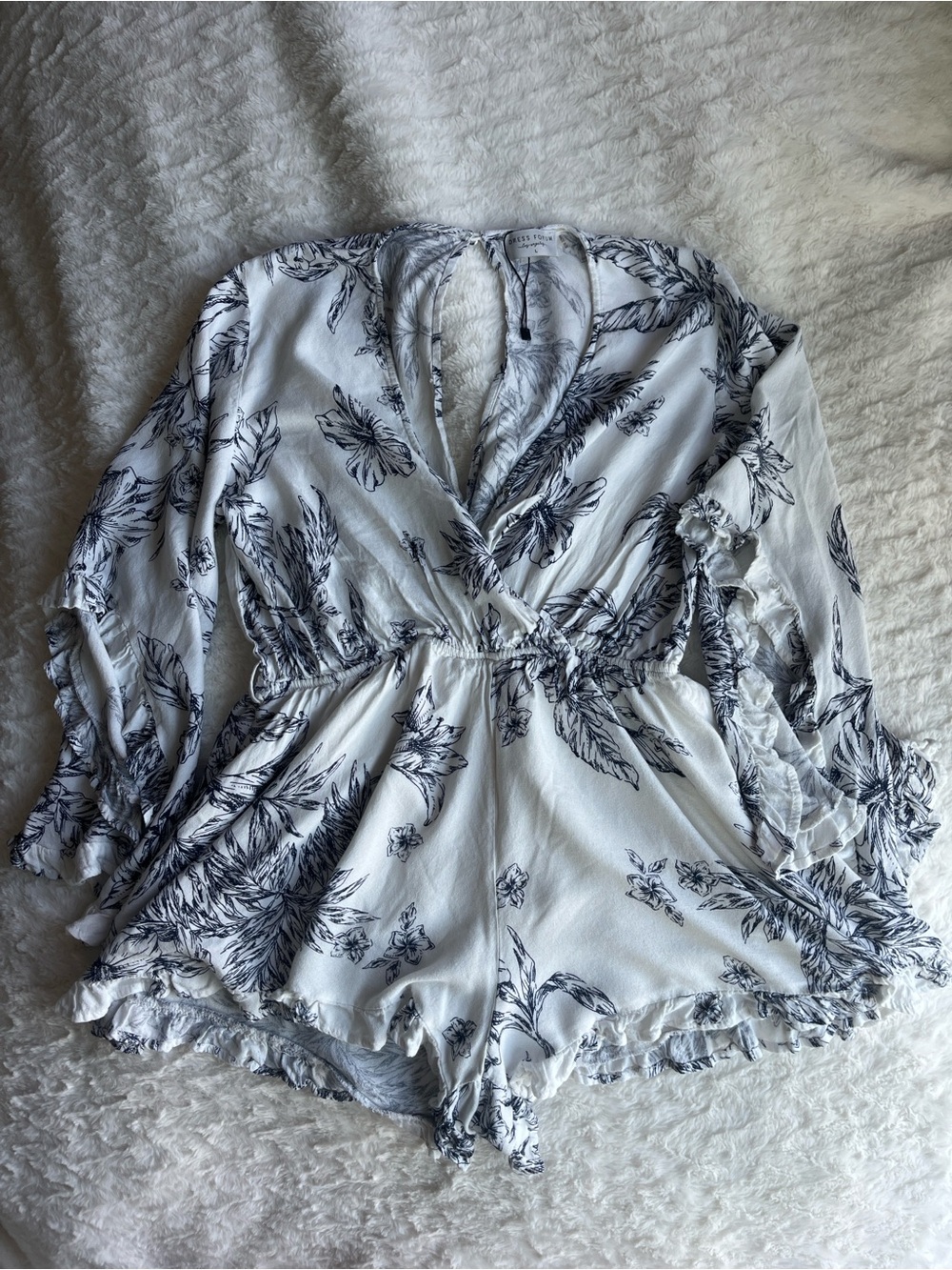 Dress Forum White and Navy Blue Floral-Print Camisole Romper